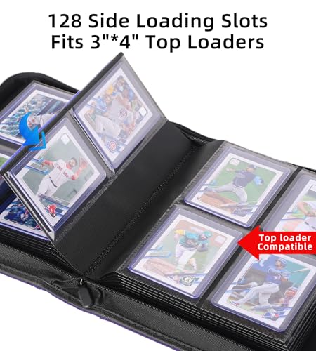 Top Loader Binder, Holds 128 Cards, 4 Pocket Zipper Binder for 3" x 4" Top Loader, Ringless Side-Loading Pages, Collectible Sports & Hard Sleeve Card Album (Purple) - color: Purple