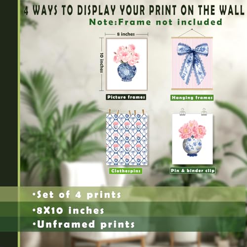 LUKIPOM Chinoiserie Pink Hydrangea Wall Art Poster, Coquette Blue Bow Grandmillennial Floral Wall Decor Gifts for Women Teen Girls Home Bedroom Living Room，12x16in Set of 4 Unframed - color: Color 007