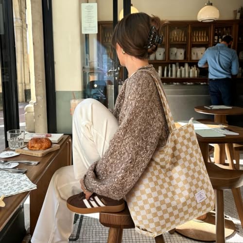 KALIDI Women Corduroy Tote Bag Zipper Casual Tote's Handbag Big Capacity Shoulder Bag with Pockets - color: Checkerboard Khaki
