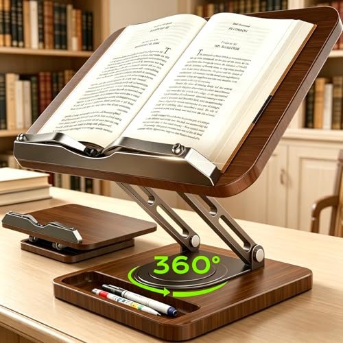 LOXP Book Stand with Storage, 360° Rotating Cookbook Stand, Ergonomic