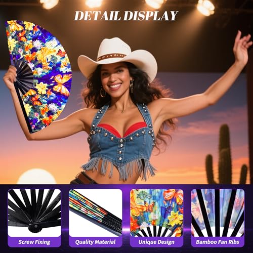 13 Inch Large Rave Fan & Clack Fans for Line Dancing - Folding Hand Fan with UV Glow for Boots on The Ground, Performance, Wedding, Party - Portable Handheld Fans for Women & Men - color: Oil painting of butterflies*1