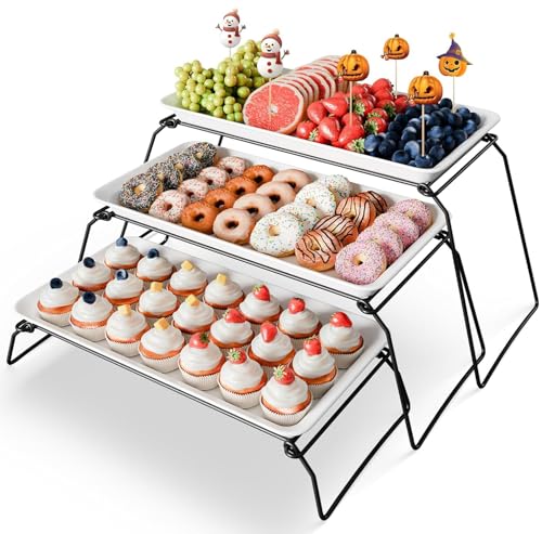Bumusty Large 3-Tier Melamine Serving Tray Set, 17 x 8.7 in, Black Stand - color: Black, size: 17" x 8.7"
