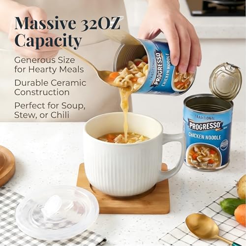 Ceramic Soup Bowl with Handle & Lid, 32oz Microwave Ramen Bowl Set of 2 - color: White 2 pcs-32, size: 32 OZ