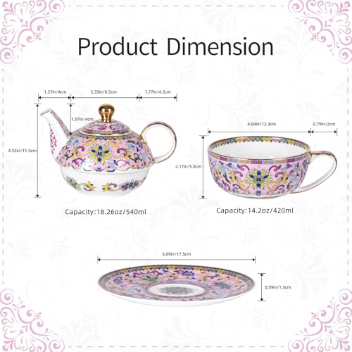 KAMMAK Tea for One Set, Ceramic Teapot, Bone China Tea Set, Cup and Saucer - color: Pink