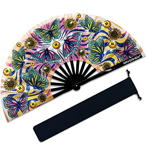 13" Large Rave Fan Bamboo, Folding Clack Hand Fans Foldable for Men Women, Poping Fan for EDM Festival Line Dance Decoration, (Butterfly, Large 13") - color: Butterfly, size: Large 13"