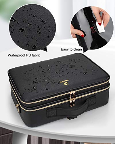 Relavel Makeup Case Large Makeup Bag Professional Train Case 16.5 inches Travel Cosmetic Organizer Brush Holder Waterproof Makeup Artist Storage Box, 3 Layer Large Capacity, with Adjustable Strap - color: Black Leather, size: Large