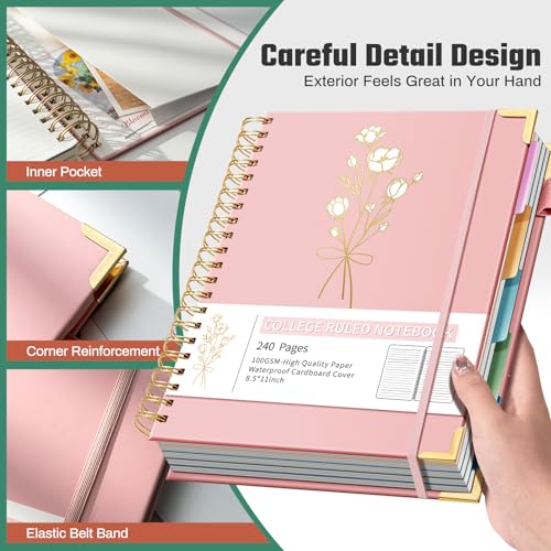 Ovesmusl 5-Subject Hardcover Spiral Notebook, 8.5" x 11", College Ruled - color: Pink, size: 8.5"x11"