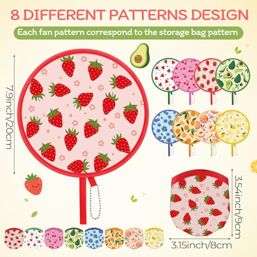 AceOrbit 24 Pcs Fruit Round Foldable Hand Fans 8 Styles Japanese Summer Fruit Foldable Fan Pop up Round Handheld Cooling Fan with Pouch for Women Summer Holiday Purse Travel Party Favor Gift Decor - style: Fruit