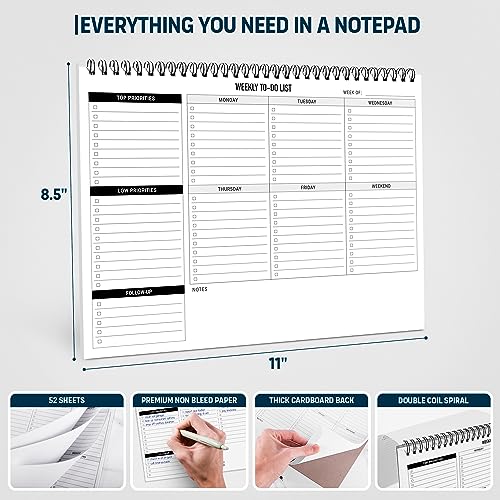 Weekly Planner To Do List Pad - 8.5x11" 52 Sheets Spiral - Desk Notepad - style: Weekly To Do List