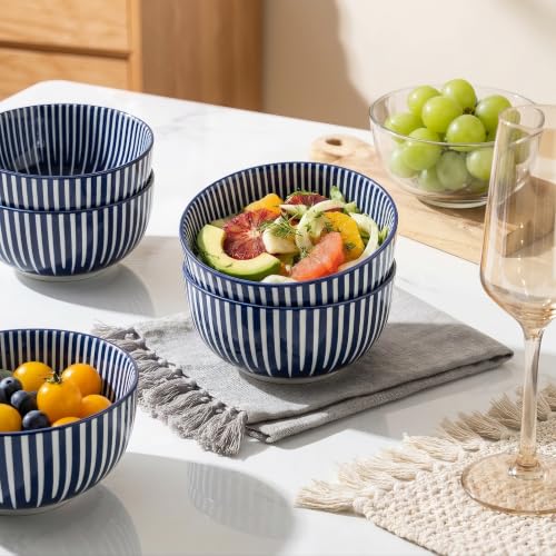 Ceramic Soup Bowls, 28 Ounces Striped Ceramic Cereal Bowls Set of 6 - color: Blue Radial Striped