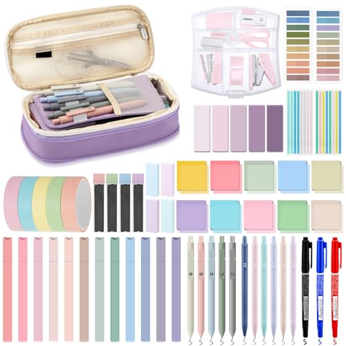 Sinload 60 Pcs Aesthetic Book Annotation Kit School Supplies Cute Pencil Case Mini Stapler Set 12 Highlighter 5 Gel Pen 6 Pencil 5 Magnetic Bookmark 1220 Sticky Note Student Stationary(Purple) - color: Purple