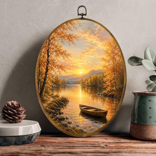 Fall Lake Oval Wall Art, Framed Canvas Decor, 8.5x11.5 Inch - color: Sunset Lake Boat Autumn Landscape