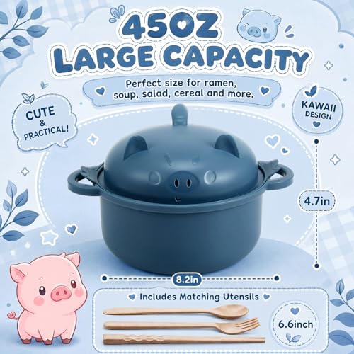 2 Sets 45oz Cute Pig Ramen Bowl Set Microwavable, Dark Blue, Gray - color: Dark Blue,Gray