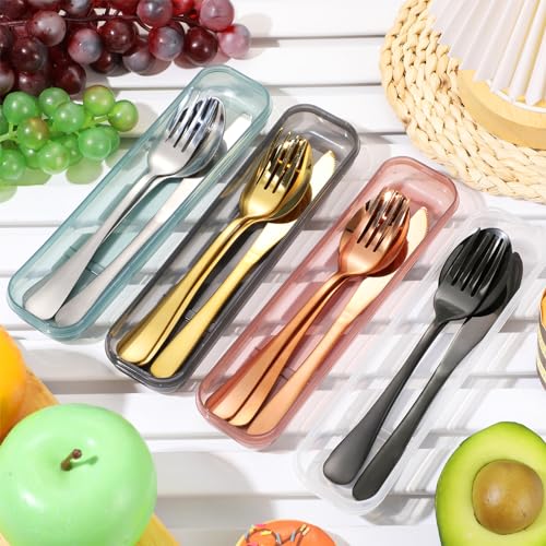 Yinkin 4 Pack Travel Silverware Set with Case for Lunch,Gold - color: Gold