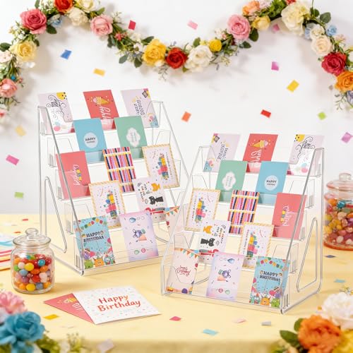 2 Pack 5 Tier Acrylic Card Display Stand(Tall Height) Clear Display Shelf Desktop for Greeting Cards Sports Cards Postcards Stickers Brochures Table Top Holder Display Rack for Psa Slabs Easy Clip-On