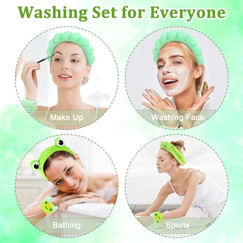 Spa Headbands and Wristbands - 6 Pcs Terry Cloth Sponge Headband Set for Skincare, Makeup Removal, and Shower - color: Frog