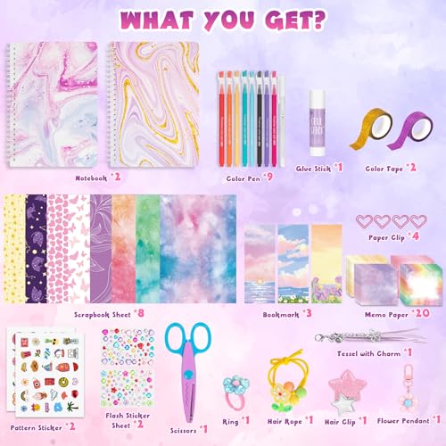 QIYVLOS 2 Pack DIY Journal Kit for Girls, Journaling Diary Toys for Ages 8-13, Arts and Crafts Birthday Stationery Set Gifts for Teen Girls Ages 8 9 10 11 12 13 14 Year Old - style: Purple