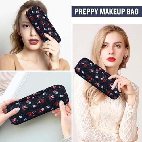 Nylon Small Floral Makeup Bag Slim Pouch, Preppy Cute Travel Makeup Brush Case Cosmetic Zipper Pouch for Purse, Waterproof Toiletry Bag Makeup Organizer Travel Essentials for Women(Navy Blue-Flower) - color: Navy Blue-Flower, size: Slim