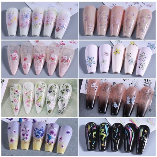 Flower Stickers Nail Art Decals 12PCS Summer Nail Art Designs with Tweezers Tulip Butterfly Leaf Florals Ladybug Decals 3D Self-Adhesive Manicure Simple Nail Stickers for Women Acrylic Nails Supplies - style: Summer Flower Styles