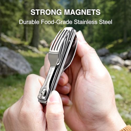 ROXON 3-in-1 Camping Utensils Set with Case (Knife, Spoon, Fork) Silver - color: Silver