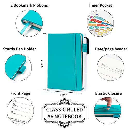 feela 6 Pack Pocket Mini Notebooks Bulk, Small Cute Memo Notepads Hardcover College Ruled Lined Journals with Pen Holder for School Business Work, with 6 Black Pens, 3.5”x 5.5”, A6, Emerald - color: A6 6 Emerald