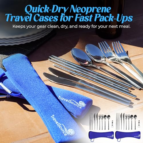Camping Travel Utensils with Case - 4 Sets DURABLE Fork, Spoon, Knife Silverware - Reusable Portable Hiking Camping Lunch Cutlery & Chopsticks - Family Mess Kit - Stainless Steel