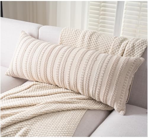 Cethom Boho Lumbar Pillow Covers 14x36 Long, Farmhouse Decorative Couch Pillow Cases, Beige Accent Pillows of Bed, Sofa Bedroom Living Room Home Decor Cushion Cover, Pack of 1 - color: Beige, size: 36" x 14" (Pack of 1)