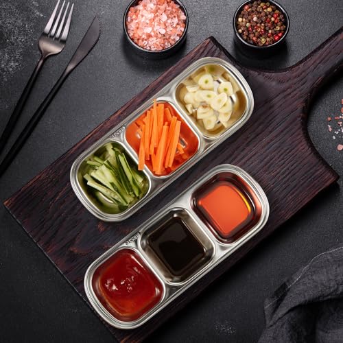 Maxcheck 12 Pcs Soy Sauce Dish Stainless Steel Divided Dip Bowls Korean 3 Compartment Sauce Plate Seasoning Dipping Condiment Tray for BBQ Vinegar Spice Salt Sugar Flavor Home Restaurant (Silver) - color: Silver