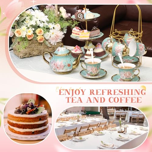 21 Pcs Porcelain Tea Set with 3 Tier Dessert Stand, Green, Summer - color: Green, style: Summer