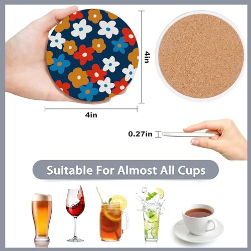 Drink Coasters Set of 6 with Holder,Vintage Flowers,Floral Pink Blue Green Purple Absorbent Ceramic Coasters with Cork Base,Fit All Cups,Tabletop Protection Mat for Mugs and Cups,Office,Kitchen - color: Vintage Groovy Flowers,floral Pink Blue Green Purple