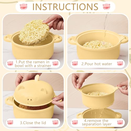 1 Set Large 45oz Cute Pig Ramen Bowl Set Microwavable Cooker, Yellow - color: Yellow