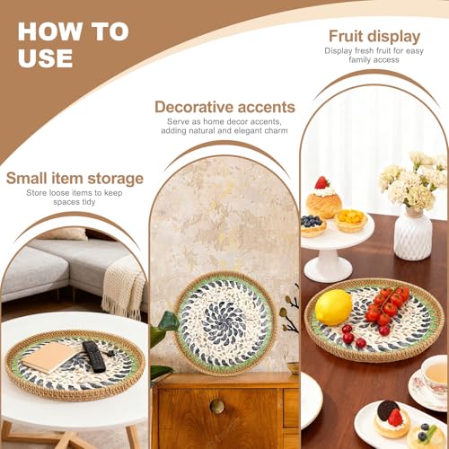 13.7" Decorative Round Rattan Tray with Mother of Pearl, Hand-Woven Wicker Serving Tray, Boho Rattan Basket Platter for Fruit Bread Coffee Counter Dessert Kitchen - color: Large