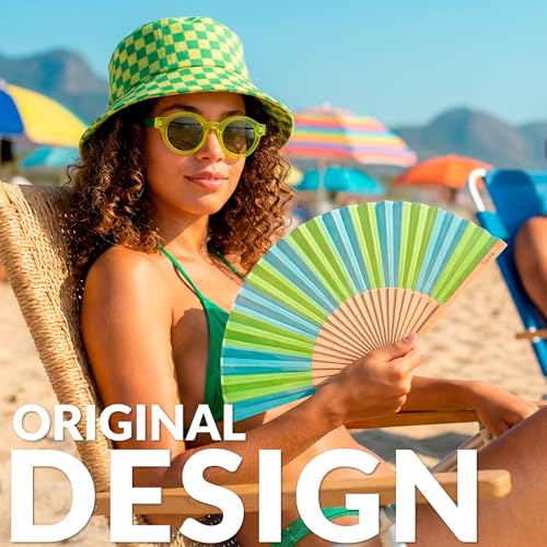 Fisura – Original Folding Fan with Stripe Print. Colorful Wooden Folding Fan in Green and Blue with Strap Included. Fun Gift idea for Travel Beach Days or Summer Events. 16.7 x 9 in. - color: Stripes, Blue and Green