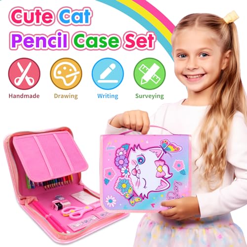 Washable Markers Set with Glitter Pencil Case, Art Supplies for Kids Ages 4-6-8, Arts Crafts Travel Coloring Kit for Girls 4 5 6 7 8 Year Old Birthday Gifts - color: Cat
