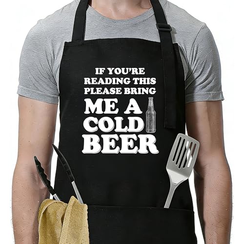 Funny Apron for Men Women,Humorous Kitchen Apron- Grilling Cooking BBQ Accessories, Gift for Dad Husband - color: If You're Reading This Please Bring Me a Cold Beer