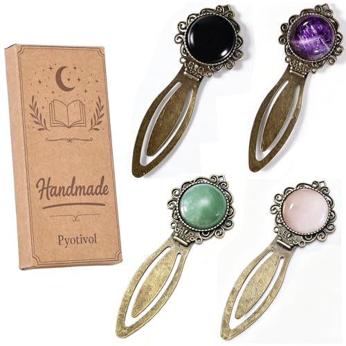 4Pcs Vintage Black & Green & Pink & Purple Crystal Bookmark with Natural Crystal Stone - Fantasy Metal Goldstone Bookmark for Reading Women, Men, Book Lovers, Girls and Teachers Bookmarks - color: Black & Green & Pink & Purple
