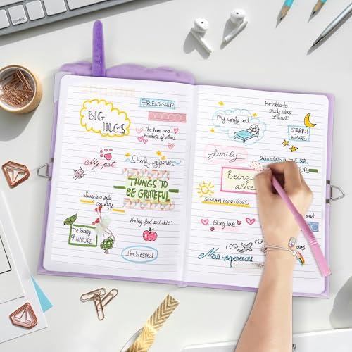 All In One Gift Kit for Girls – Back to School Supplies, Lock and Key Plush Journal Stationery Set with 53 Stickers, 1 Bracelet, 1 Coin Purse, 4 Straws and 3 Sticky Notes, Journaling Kit for Kids, Tweens & Teens (Purple Boba) - color: Purple