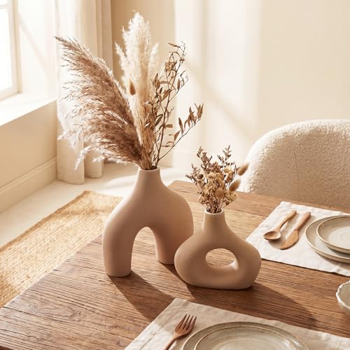 Patelai Set of 2 Mid Century Modern Home Decor Donut Vases, Brown - color: Brown