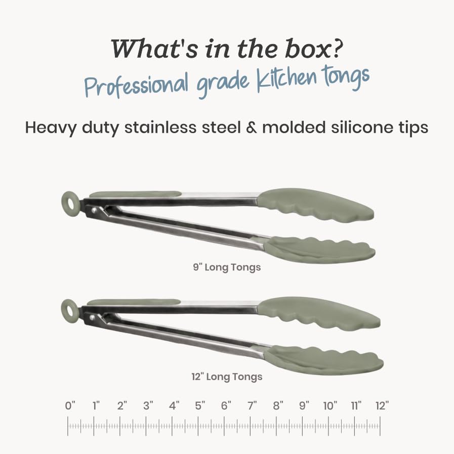 Starpack Get a Grip Silicone Kitchen Tongs (2-Pack, 9" + 12") - LFGB Non Toxic, 600°F Heat Resistant, BPA-Free - Heavy-Duty Stainless Steel, Locking - Dishwasher Safe for Nonstick Cookware - color: Sage Green, size: Set of 2 (9" & 12")