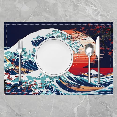 Feelyou Japanese Wave Placemats Set of 4 Cherry Blossoms Placemat for Kitchen Dining Table 18"x12" Fuji Mountain Home Decor Table Place Mats Red Sun Japanese Style Indoor Outdoor Decor Table Mats - color: Blue Red