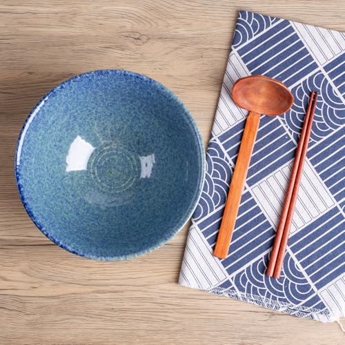 40oz Japanese Ceramic Ramen Bowl Set of 2 with Chopsticks and Spoons for Pho Udon Asian Soup Noodles (Sea Blue) - color: Sea Blue