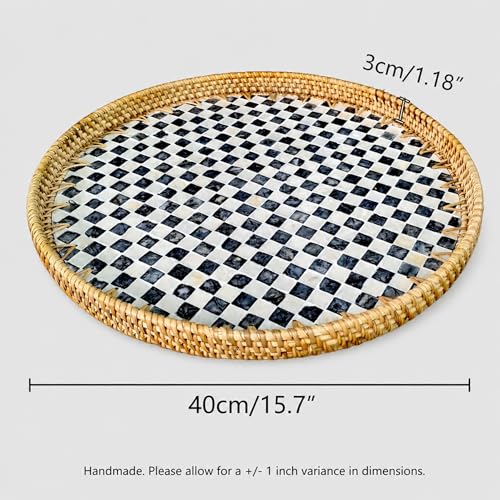 16" Rattan & Mother of Pearl Lazy Susan, Checkerboard Mosaic - color: Black & White