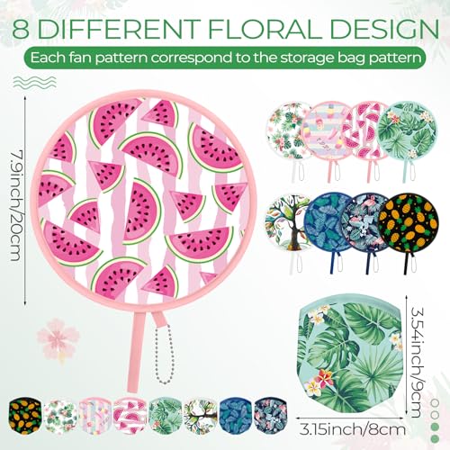 AceOrbit 24 Pcs Hawaiian Round Foldable Hand Fans, Summer Beach Folding Fans Watermelon Print Handheld Cooling Fan with Pouch, Tropical Palm Leaf Summer Pop up Fan for Beach Party Favors Decoration - style: Fruit Flower