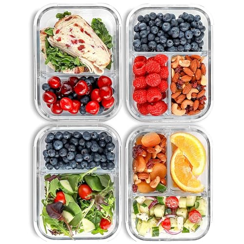 Glass Meal Prep Containers 2 and 3 Compartments, Leak-Proof, 32 oz, 4 Pack - color: Blue(2,3 compartment - 4 pack, 32oz)
