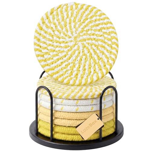 Lazebox Coasters Set of 8 for Drinks, 4 Inch Large Coasters for Coffee Table, Tabletop Protection for Hot & Cold Drinks, Versatile Coasters for Home Decor, Non-Slip & Easy to Clean - color: Yellow