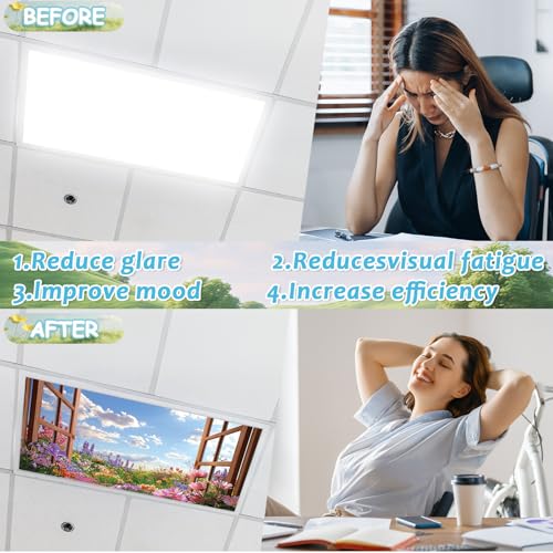 Wiooffen 6 Pcs Fluorescent Light Covers with 60 Magnets Decorative for Classroom Ceiling Light 4 x 2 Feet Magnetic Light Covers Filter Easy Install for Office Hospitals & Home(Flower Window View) - color: Flower Window View