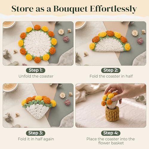 Crochet Flowers Coasters with Basket,Handmade Rose Bouquet Blanket Kawaii Decor Coaster for Desk,Coffee Table,Home Decor,Wedding Gift,Housewarming,Birthda(2Pcs) (Yellow) - color: Yellow