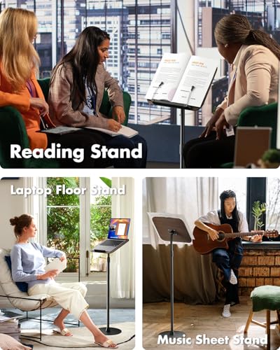 Viozon Floor Book Stand, Height Adjustable Reading Stand, Multi-Purpose Book Holder/Laptop Stand/Music Sheet Stand, 180° Tilt Desktop, Heavy-Duty Base, Two-Stage Page Clips for Thick Books