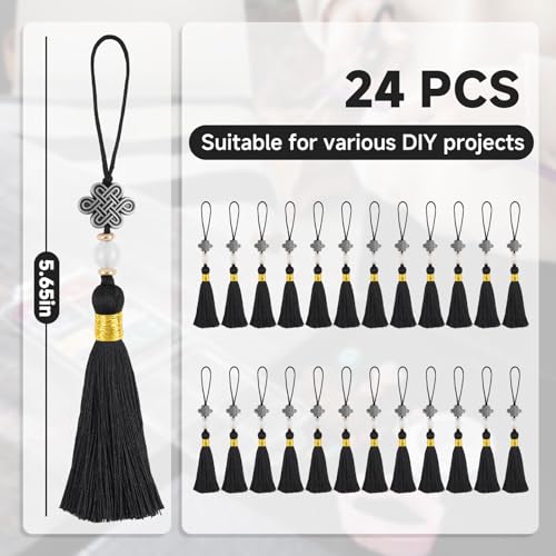 24PCS Chinese Knot Tassel Pendant for Phone Case, Mini Mala Tassels, Black - color: Black 24 Pcs
