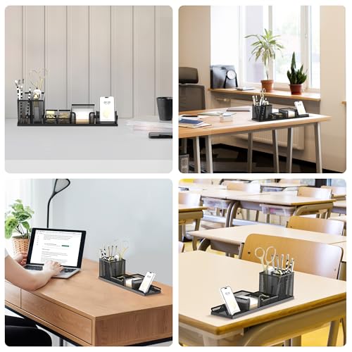 Pen Holder for Desk, 6-Piece Mesh Desk Organizer with Phone Holder, Black - color: Black